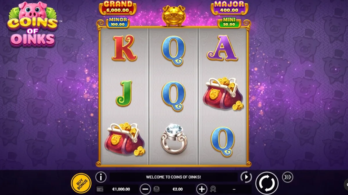 Interface do slot Coins of Oinks com tema de porcos luxuosos