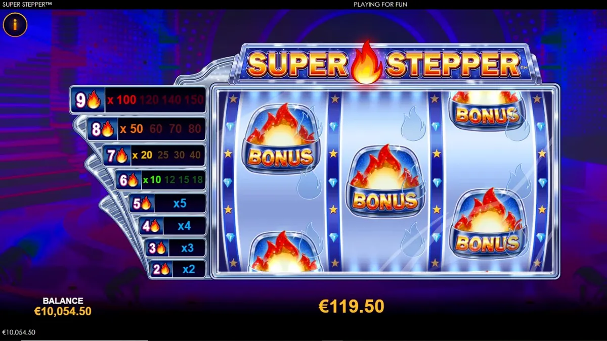 Interface do jogo Super Stepper com tema neon cyberpunk em um dispositivo móvel