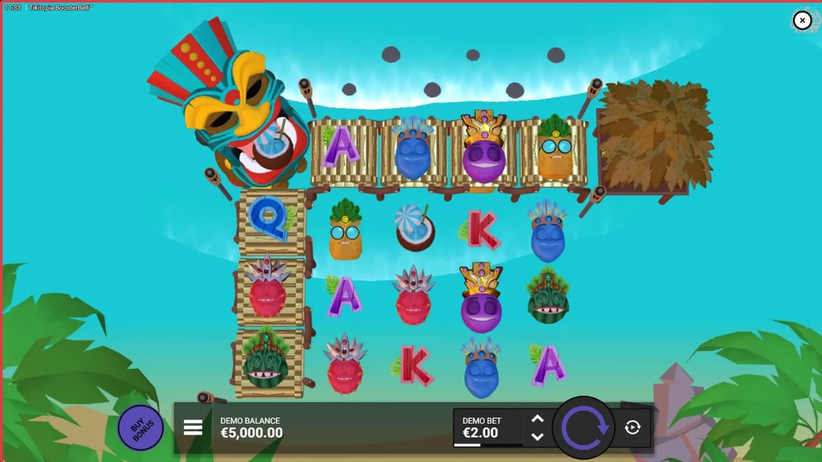 Interface vibrante do slot Tikitopia BoosterBelt com o totem Big'Um Tiki em destaque